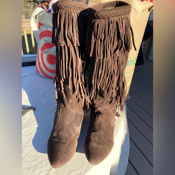 Sam EDELMAN brown SUEDE FRINGE BOOTS Halloween Boho Hippie - Picture 2 of 6